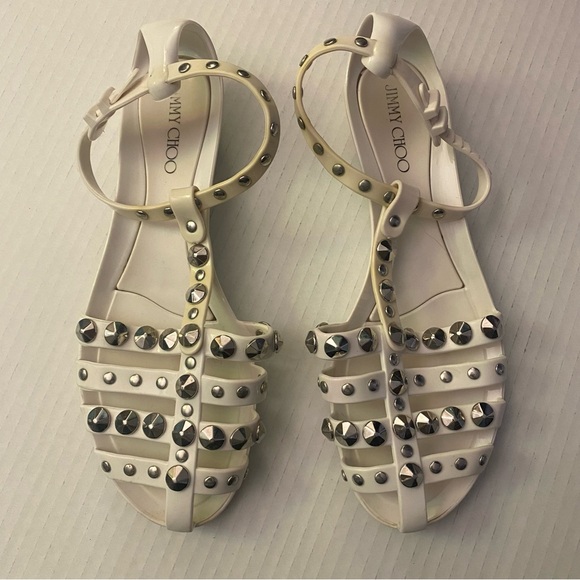 Jimmy Choo Jenny White Sandals with Silver Studs GUC 36 - Picture 1 of 10